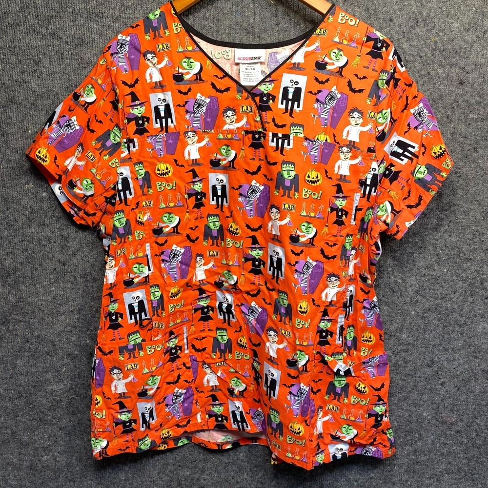Scrubstar Womens XL Halloween Scrub Top Skeleton Frankenstein Orange V-Neck